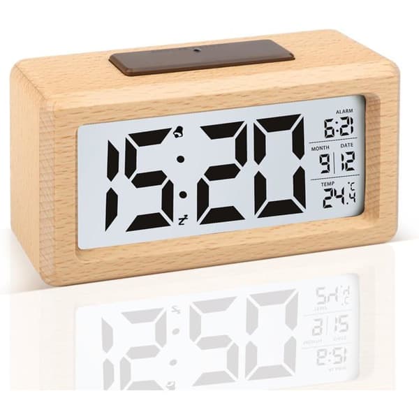 Wooden Digital Alarm Clock with LCD Display, Tick-Free Digital Clock with Date and Temperature Display, Battery Operated Alarm Clock with Snooze Function