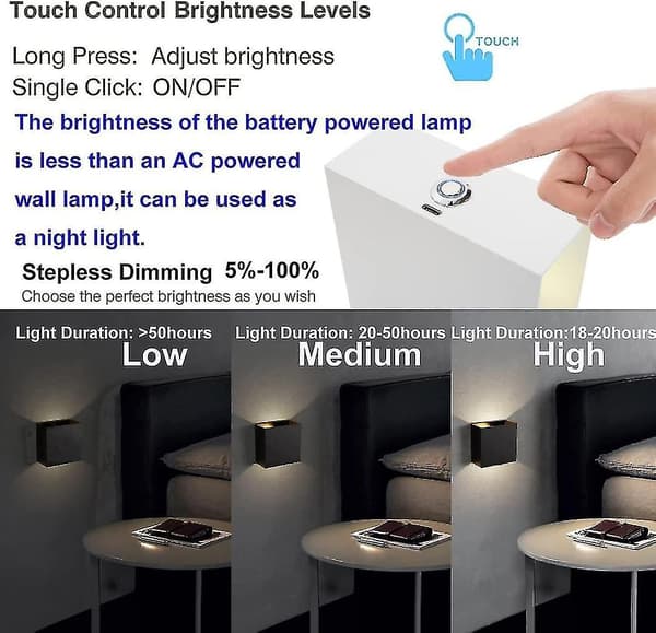 Indoor LED Wall Lamp with Touch Switch, Cordless Rechargeable USB Wall Light Battery Operated