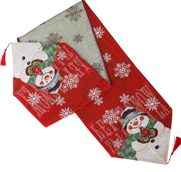 Christmas Table Runner with Tassels, Santa Snowman Elk Tree Polyester Cotton Table Runner (Snowman)