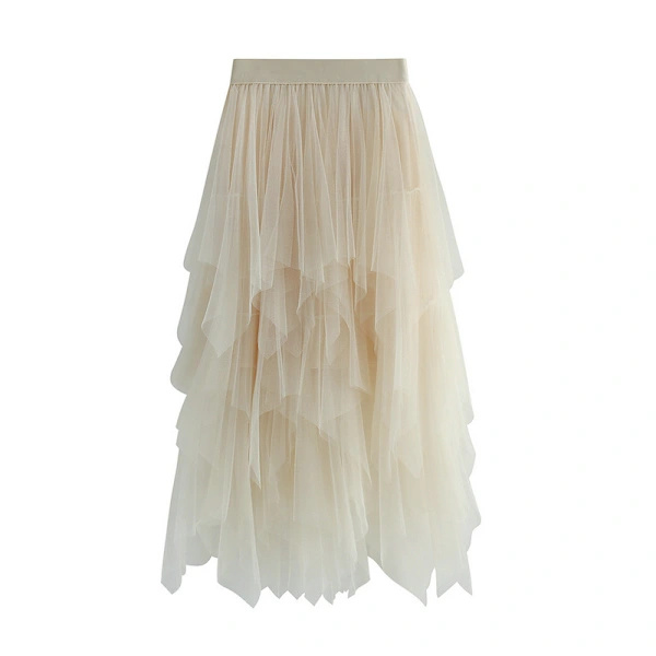 Dam Tyllkjol Elastisk midja Mesh Lång Kjol Beige