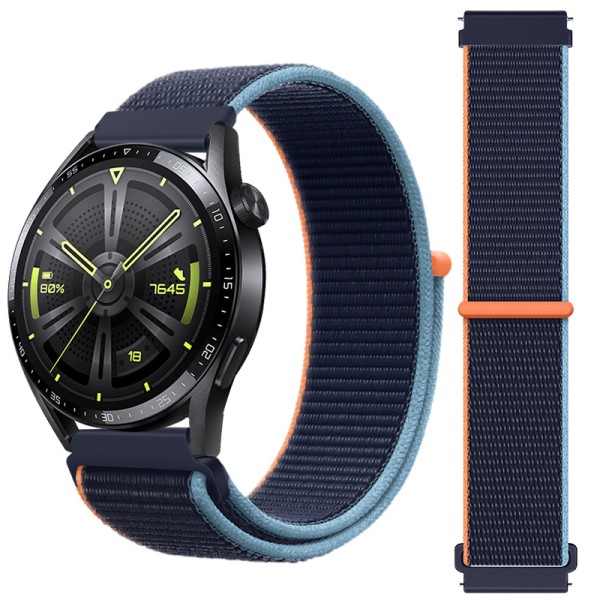 Rem til Huawei GT3 ur og Samsung Watch 5 velcro rem blå 22mm