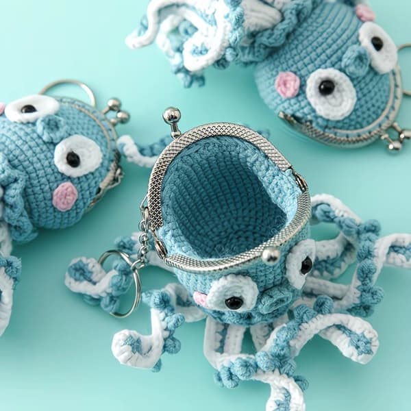 Handvirkad bläckfisk myntväska med kysslås, söt amigurumi miniplånbok nyckelring för flickor present