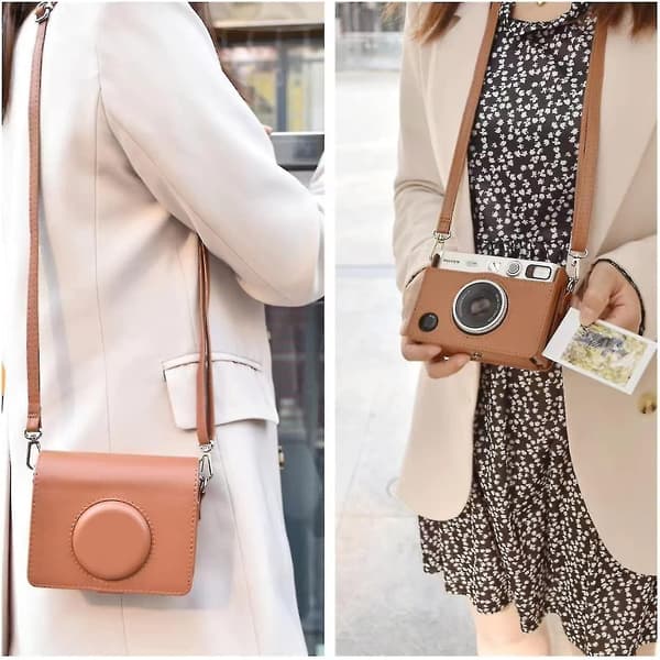 Mini Evo Camera Bag Compatible For Fuji Instax Mini Evo Instant Camera With Adjustable Shoulder Strap In Brown Litchi Texture Horizontal Style