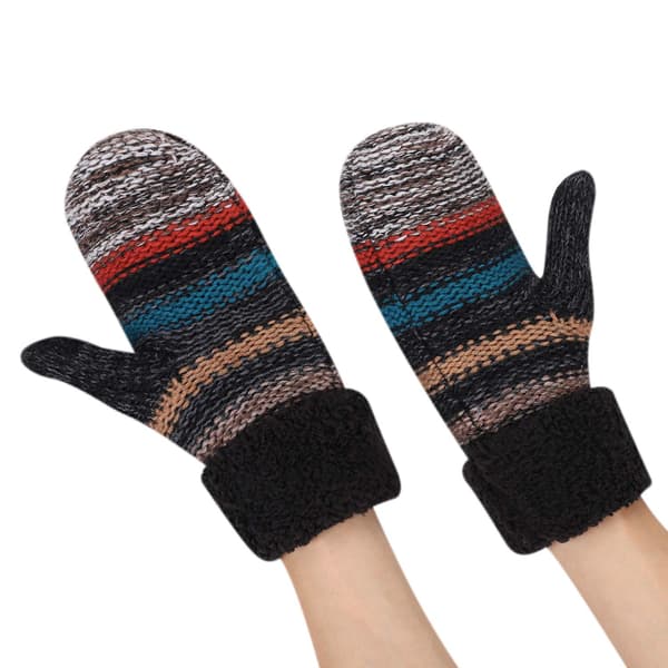 Dame vinter strikkede fleeceforede strikkede damer fuldfinger fortykkede vintervarme handsker stribet design strikhandsker (sort)