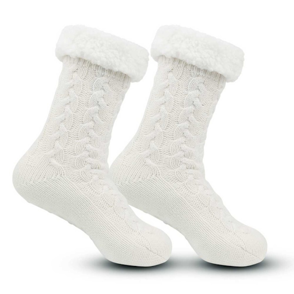 Furry varma stickade socktofflor med halkfri vit