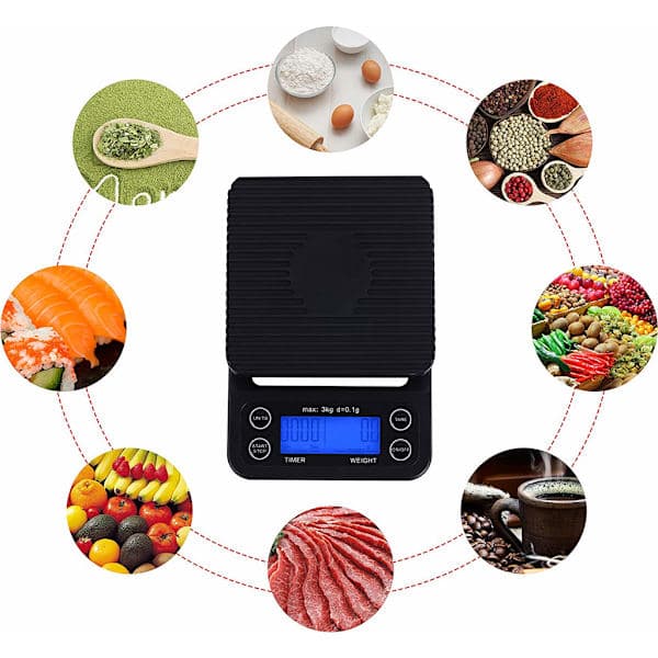 Digital køkkenvægt / kaffevægt 3 kg/0,1 g præcision Sort Sort