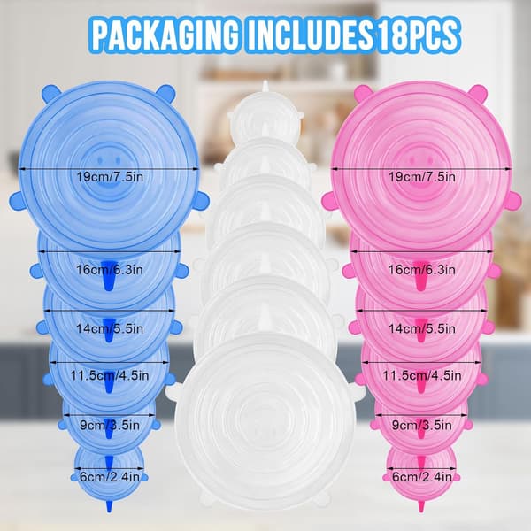 Reusable Silicone Lids 18 Pcs Stretchable Silicone Lids Permanent Food Silicone Lids in 6 Different Sizes for Jars, Bowls, Bottles