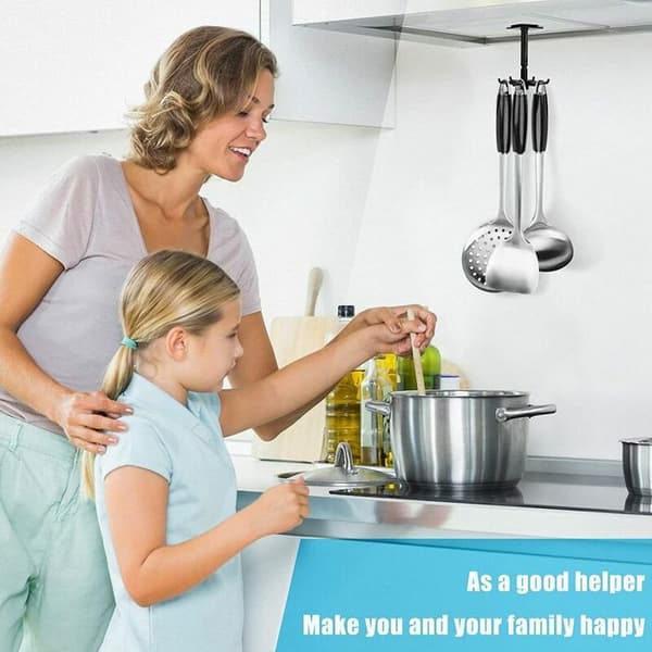 Drill-Free Kitchen Utensil Holder, 360° Rotating, Under Cabinet Spoon and Spatula Organizer, Kitchen Storage Rack