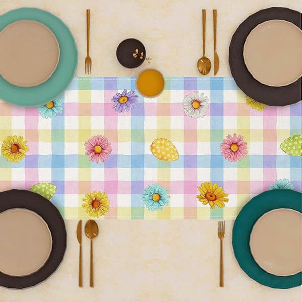 Linen Easter Tablecloth Passalia Tablecloth with Rabbit Decoration and Ribbon, Plaid Easter Tablecloth (FMY)