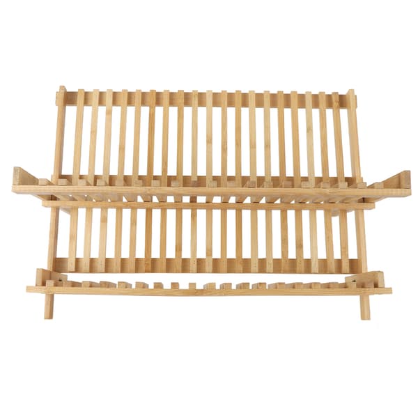 Folding Wooden Dish Rack 20 Grids 2-Tier Foldable Dish Drying Rack for Dishes Plates Bowls Cups