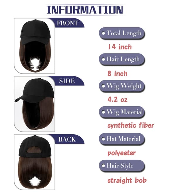 /#/Medium Brun Baseballcaps med Hårforlengelser Rett Kort Bob/#/