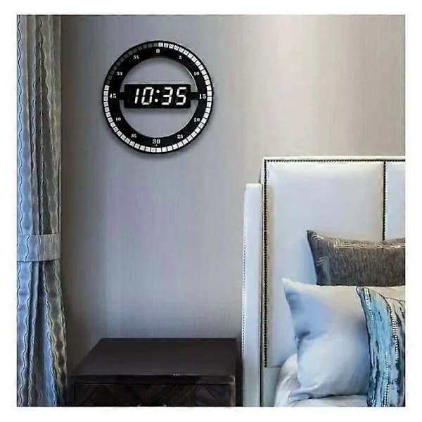 Silent LED Digital Table Clock - Black Electronic Wall Clock - Round Table Clock - For Bedroom, Living Room and Office 30 cm
