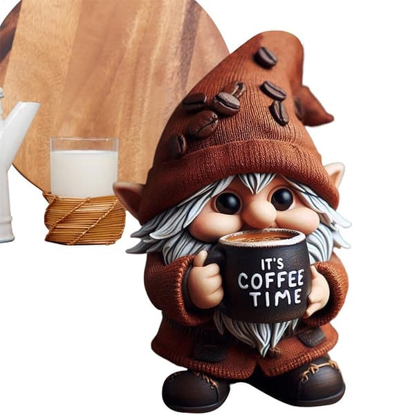 Trädgårdsdekoration med en tomtefigur som njuter av kaffe utomhus. VariantValue VariantValue