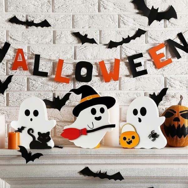 Halloween Creative Ornaments Cute Ghost Shaped Decorations Wooden Desktop Decorations