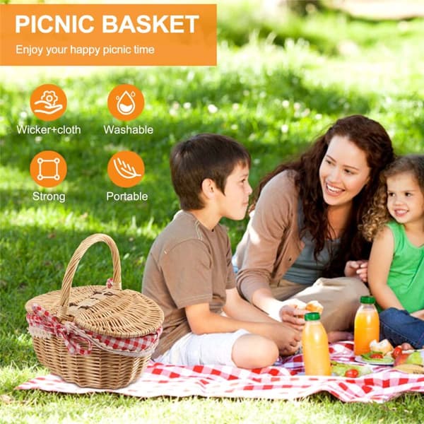 Country Rattan Style Picnic Basket with Lid and Handle Lining for Picnics, Parties, BBQs