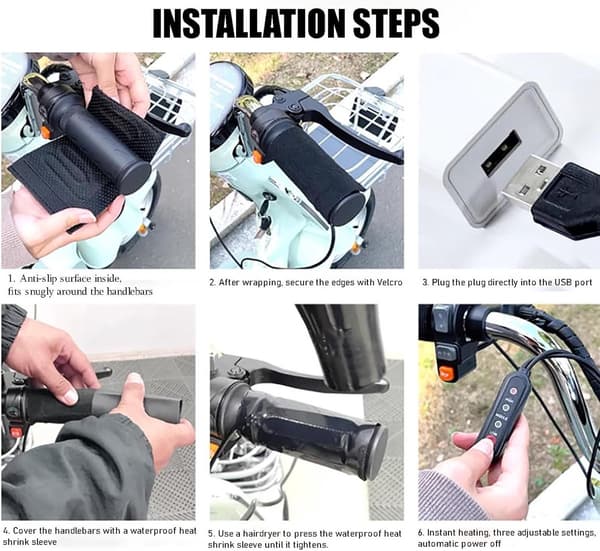 Heated Grips - Three Temperature Settings - Winter Warmth - Plug-in Operation - USB Powered - Washable - Non-slip Design - Universal for All Models