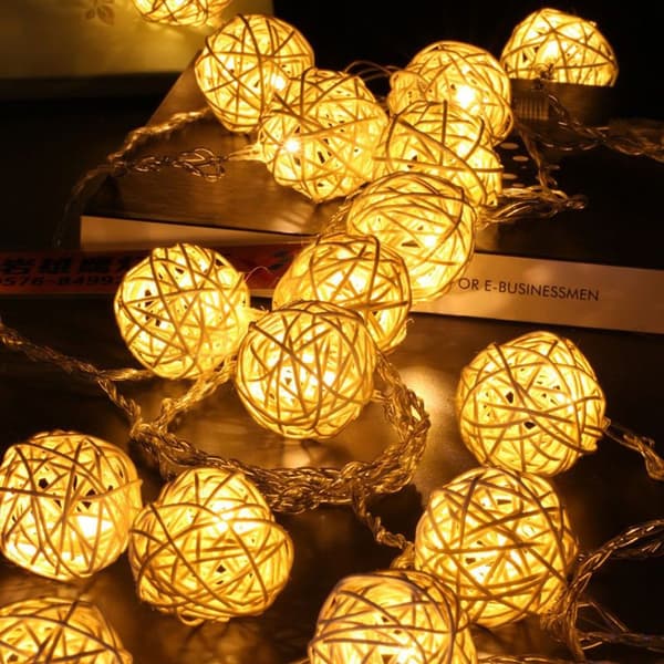 Indoor light string 40 warm white LED rattan balls IP20 rating 5M white
