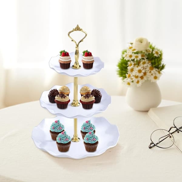 3-Tier Cake Stand, 2-Pack Cupcake Dessert Stand, Round Cake Stand, Reusable Appetizer Tray, Wedding Dessert Tray (White)