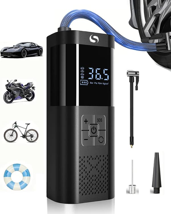 Portable Cordless Air Pump, 150 PSI, Auto Shut-Off Function, Digital Display and LED Light, Black.