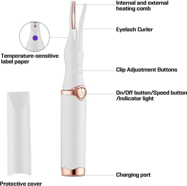 Heated Eyelash Curler with 3 Temperature Settings USB Rechargeable Anti-Scald Comb for Natural Long-Lasting Curl White