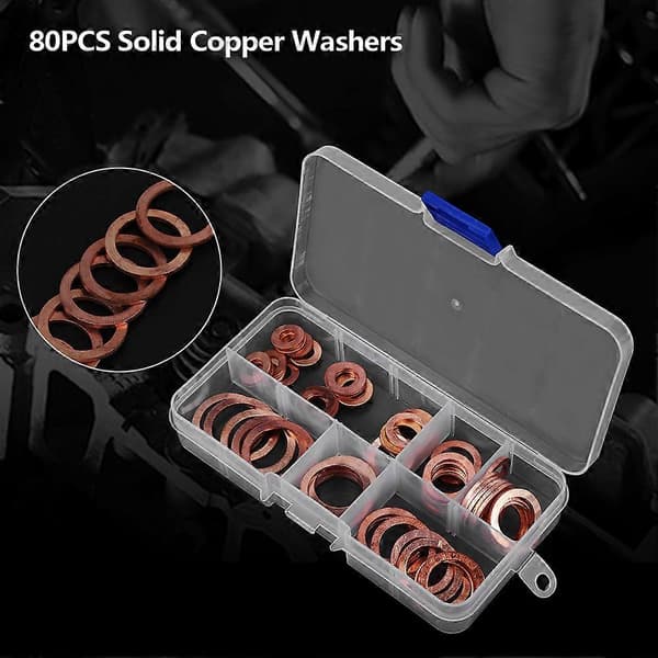 Massivt koppar oljepluggsortiment brickor metallkit - 80 st med låda