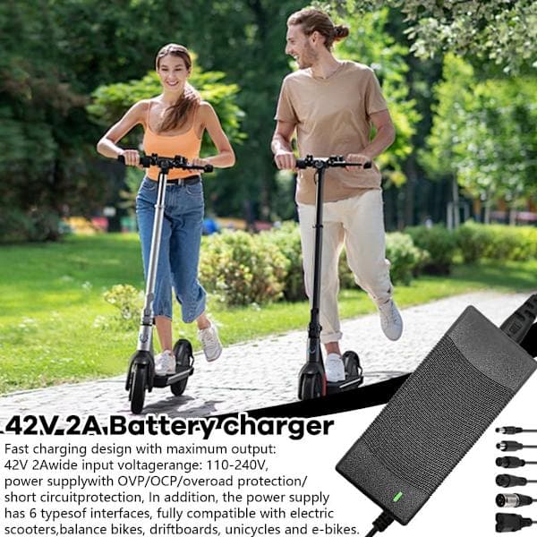 Universal 42V 2A 84W Oplader med 6 Adaptertips – til El-scooter, Hoverboard, Balancecykel, Elcykel
