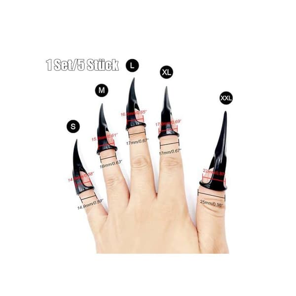 Et sæt med 5 retro punk rock gotiske klo-ringringe, perfekt til Halloween-kostumer, fester og cosplay.
