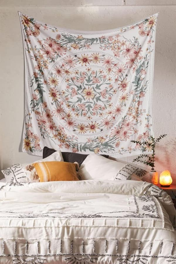 Beige boheemi seinävaate, mandala kukka medaljonki hippi seinävaate 130 x 150 cm