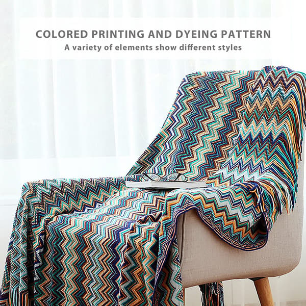 Knitted Blanket with Tassels Houndstooth Boho Plaid Cozy Blanket Knitted Throw Blanket Decorative Blanket for Sofa Bed blue 127*180cm