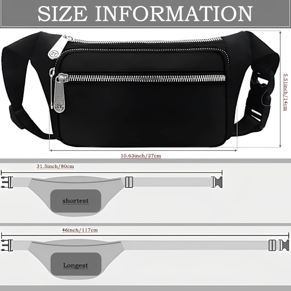 Vyölaukku, vedenpitävä 4 vetoketjutaskua Fanny Pack juoksuun Vyölaukku Säädettävä vyö Vyölaukku ulkoiluun, urheiluun, patikointiin, matkustamiseen (musta)
