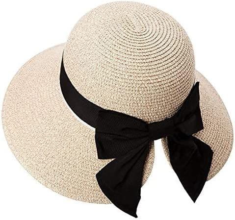 Svart sammenleggbar damehatt, sommerhatt, solhatt med bred brem, hakestropp