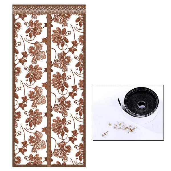 Magnetisk skærmdørgardin, broderet pæonkaffe, 80 cm x 210 cm