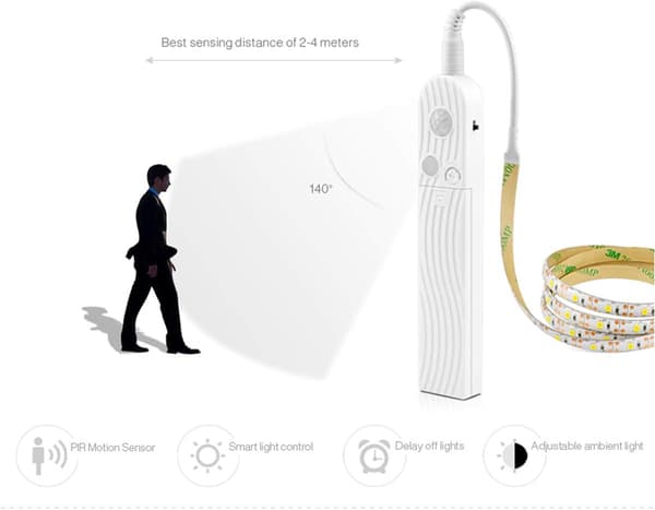 (Kaldhvit 6000K, 3m) Bevegelsessensor LED-stripe, Batteridrevet