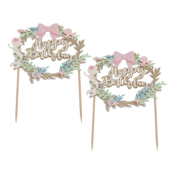 2 pcs Cake Toppers Pink Bow Glitter Exquisite Safe Degradable Happy Birthday Cake Topper