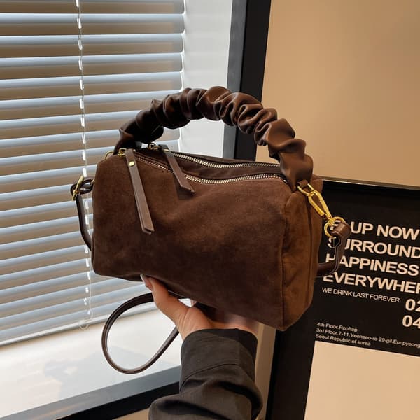 Coffee Brown Suede Small Square Women's Handbag with Pleated Chain