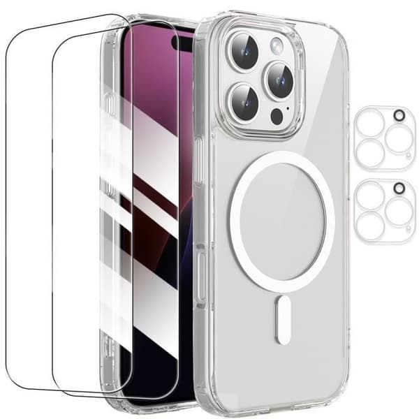 Fodral för iPhone 16 Pro med magnetisk ring + 2 härdat glas och 2 bakre kameraskydd Transparent