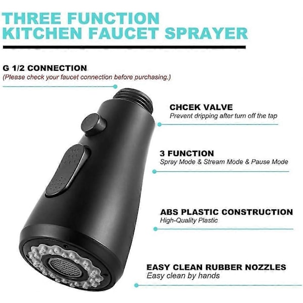 Faucet Spray Head, 2 Modes Adjustable Pull-Out Sprayer, Sink Sprayer for Kitchen Faucet, Bathroom, Toilet Replacement 1/2\" Interface (Black)