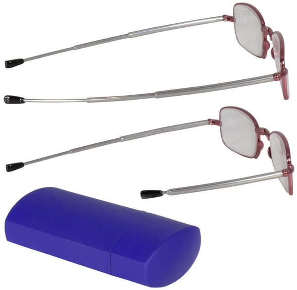 Foldable reading glasses with telescopic temples and a small, convenient case, strength +3.00 Styrka +3,00