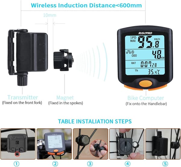 Wireless Bicycle Computer Speedometer Bike Odometer Cycling Multifunctional Waterproof 4-Line Display with Backlight
