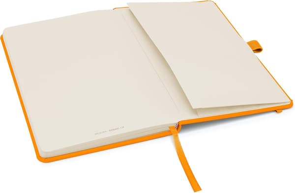 1st Notebook A5 with lined pages, pen holder, ribbon, date marks and paper pocket, medium hardcover journal (orange)