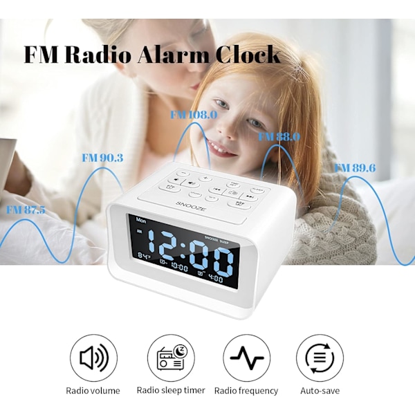 Dubbel Väckarklockradio, Digital Väckarklocka med 2 USB-laddningsportar, 0-100% Dimbar, Justerbar Volym, Inomhustermometer (Vit)
