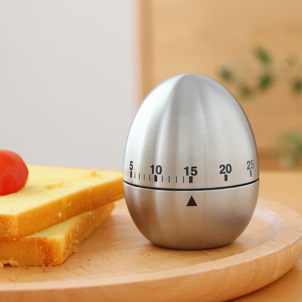 *Ægformet køkkentimer i rustfrit stål, mekanisk roterende alarm*