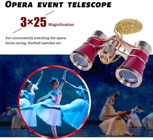 Røde 3 x 25 Klassiske Sammenfoldelige Operakikkerter Metalkrop med Kæde Optisk Linse Teater Teleskop Retro Design W