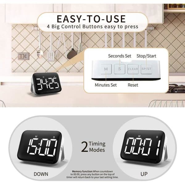 4-tommer digital køkkentimer, stor LED-skærm, magnetisk timer med justerbar lysstyrke og lyd, stopur