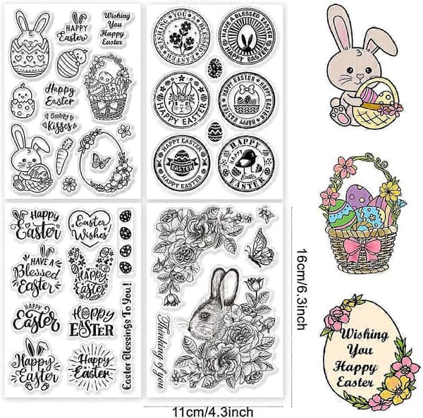Easter Clear Stamp Set 4 Sheets Clear Silicone Stamps Happy Easter Egg Bunny Rose Scrapbooking Rubber Stamps for Card Making DIY Craft Embossing (FMY)