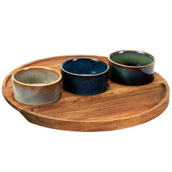 Ceramic Snack Bowls with Acacia Tray, 4-Piece Set 682