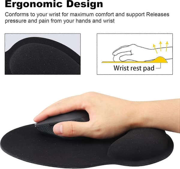 Musemåtte med håndledsstøtte, Ren Sort Ergonomisk håndledsstøtte, Komfortabel Memory Foam skridsikker håndledspude