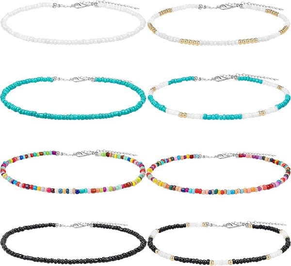 Pärlhalsband med små pärlor, choker, boho, färgglad regnbåge, chokerkedja