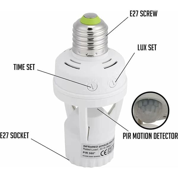 Socket with PIR Motion Sensor E27 Base Bulbs for Indoor Use with Time and Light Adjustment (Bulb Not Included)