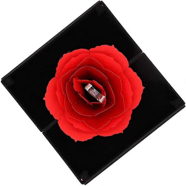 Ringask, 3D Pop Up Rose Ringholder Etui til Forlovelse Bryllup Smykker Gaveæske, Sort (ring medfølger ikke)